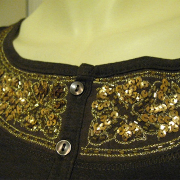 Y2K Vintage New Brown Long Sleeve Henley Top Gold Sequin Fairy Grunge Streetwear - Picture 6 of 7